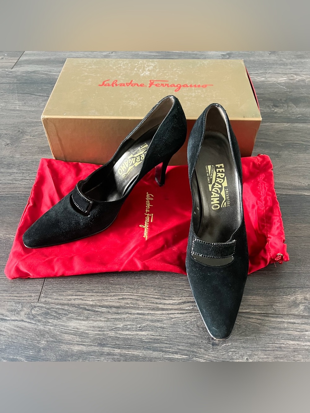 Salvatore Ferragamo Black Suede Pointed Pump with Strap Detail 8.5